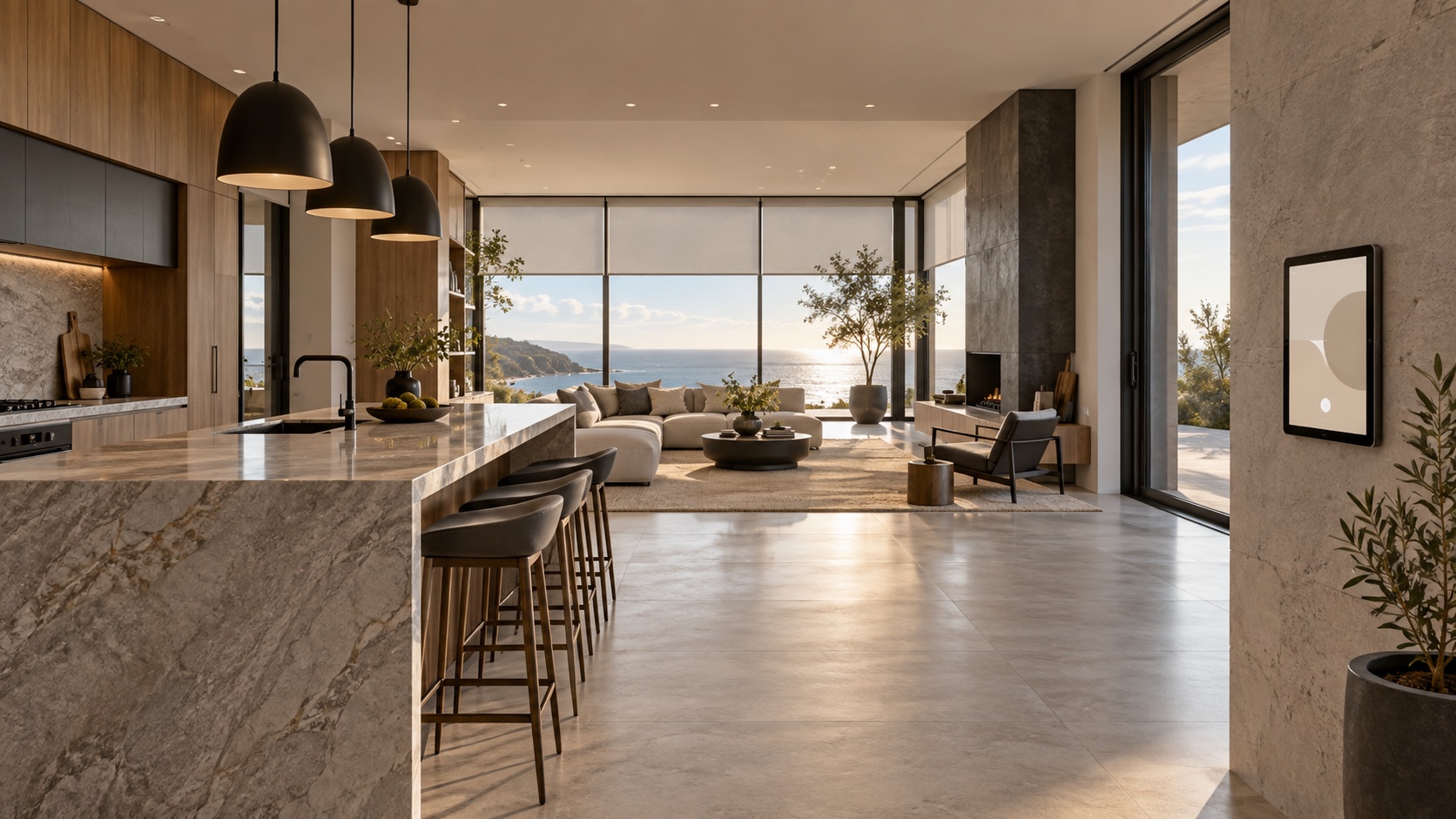 Concept rendering of a connected luxury kitchen and living room with discreet home controls