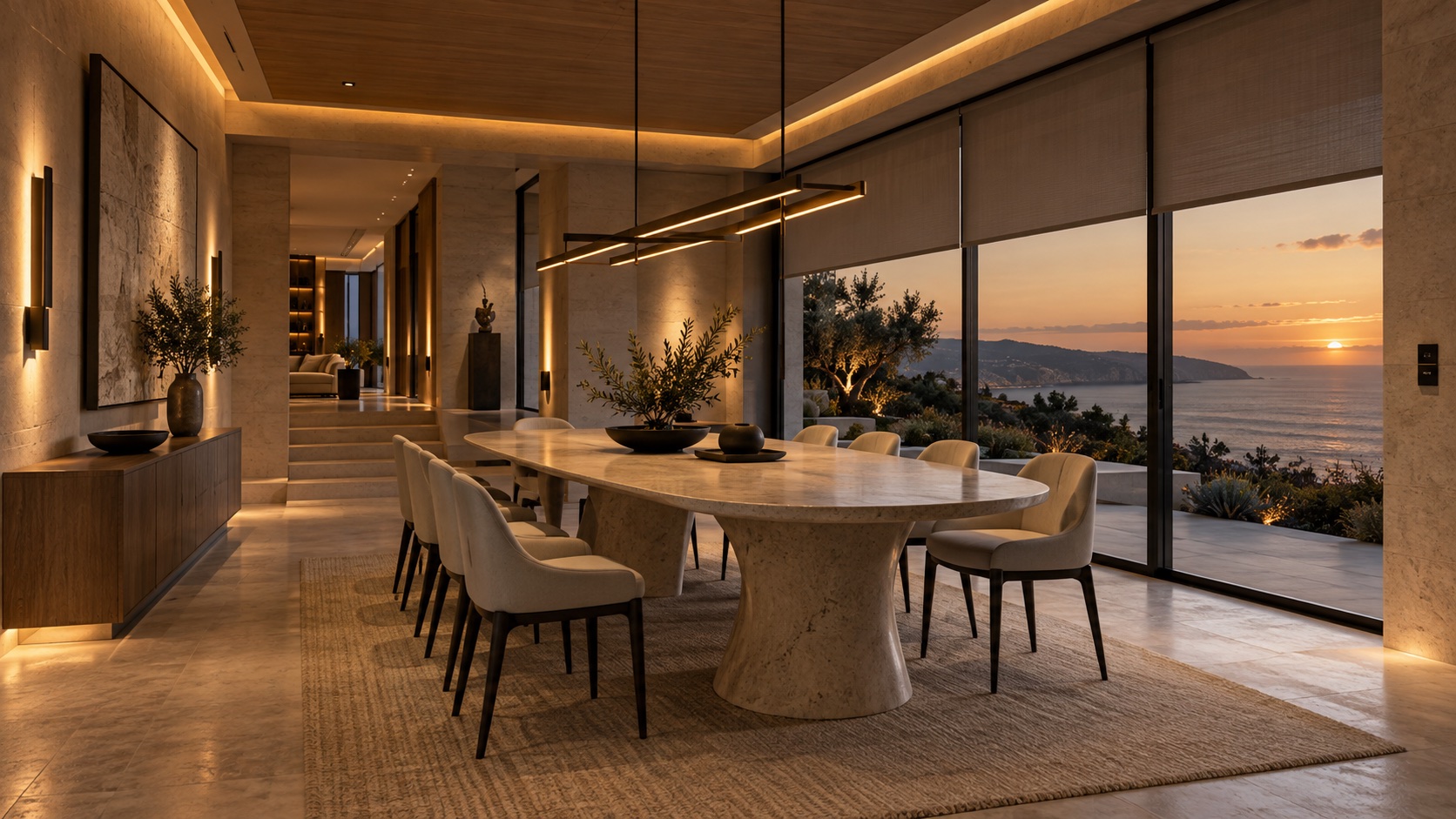 Concept rendering of a luxury dining room with layered architectural lighting and automated shades