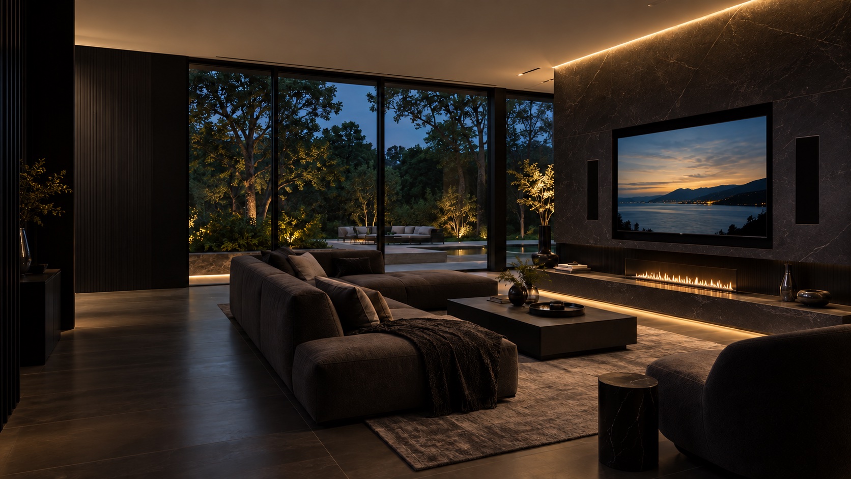 Concept rendering of a luxury living room with integrated entertainment and architectural lighting
